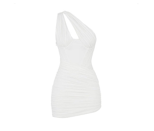 Strap One Shoulder Ruched White Mini Dress