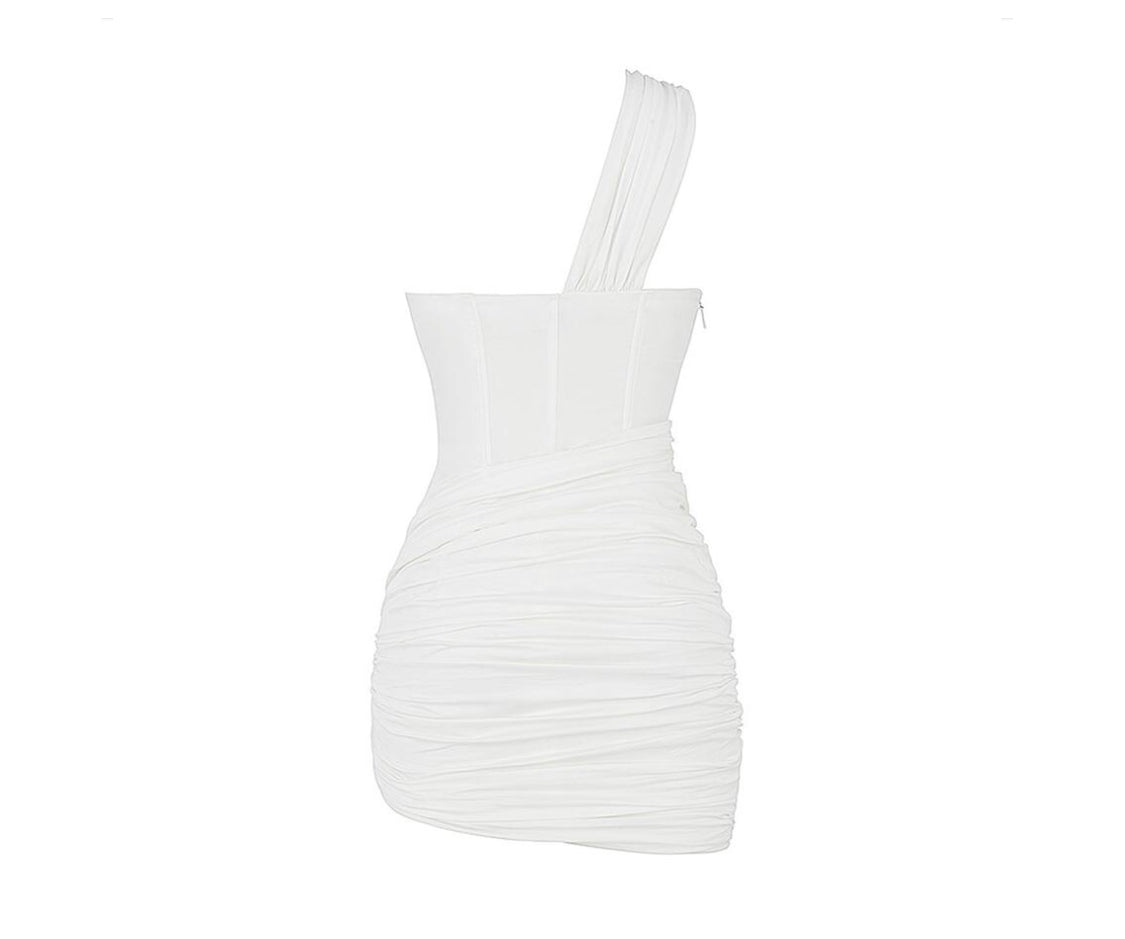 Strap One Shoulder Ruched White Mini Dress