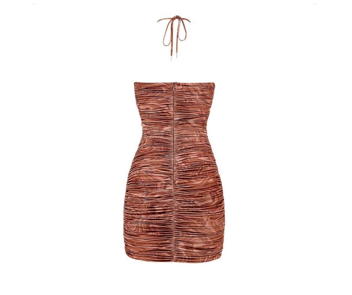 Swirl Brown Strapless Mini Dress