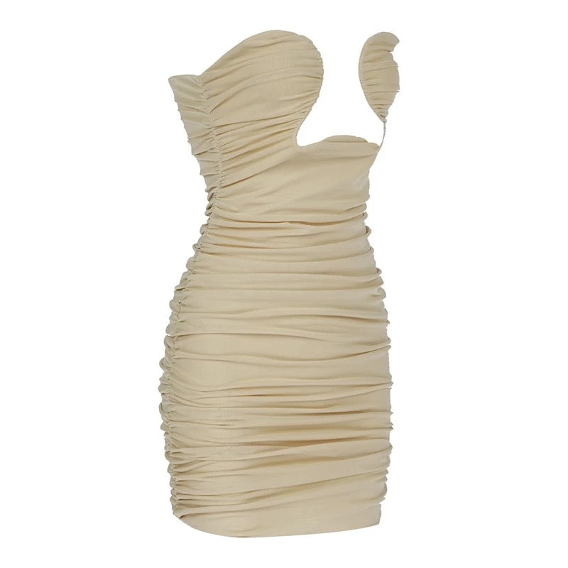 Mesh Cutout Beige Ruched Mini Dress