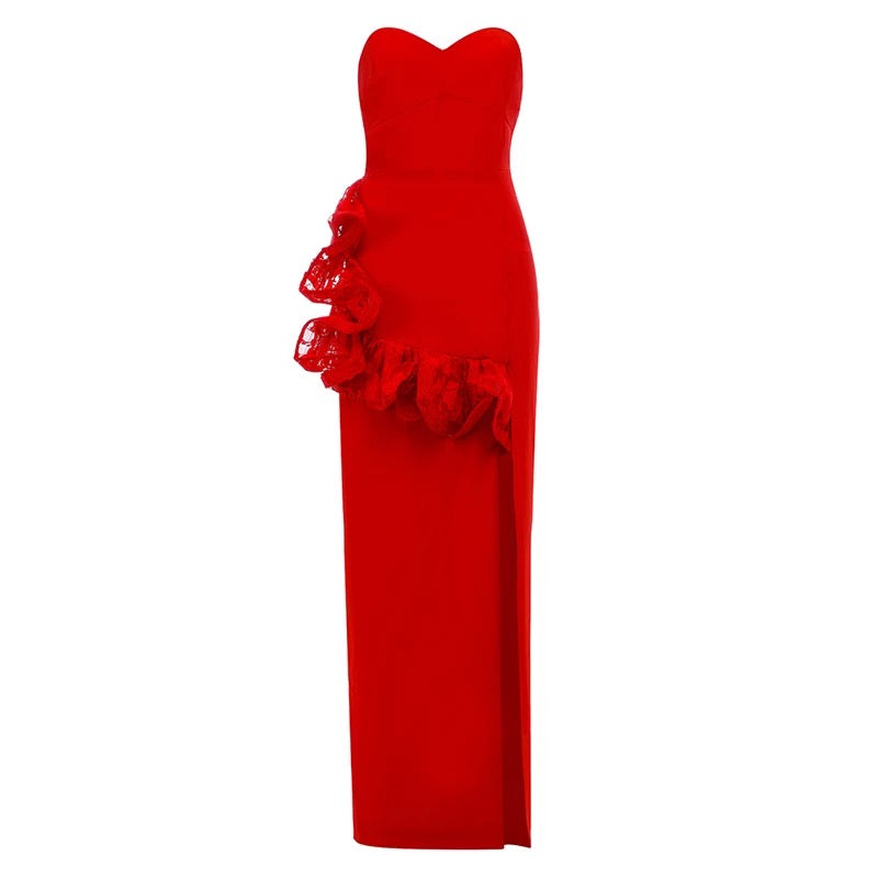 Red Strapless Split Ruffle Dress