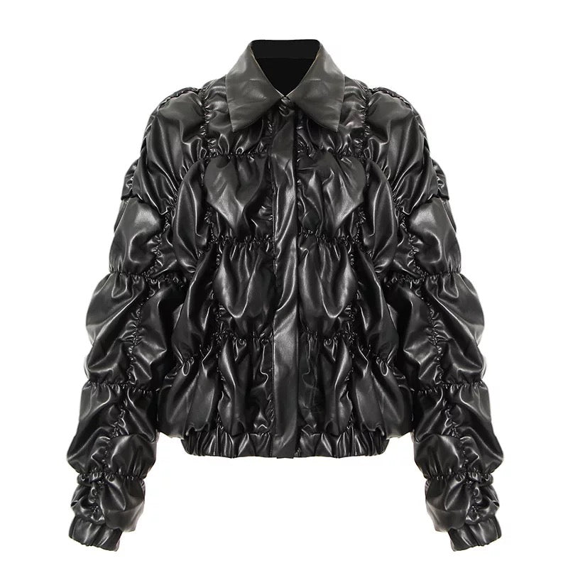 Ruched Black Vegan Leather Jacket