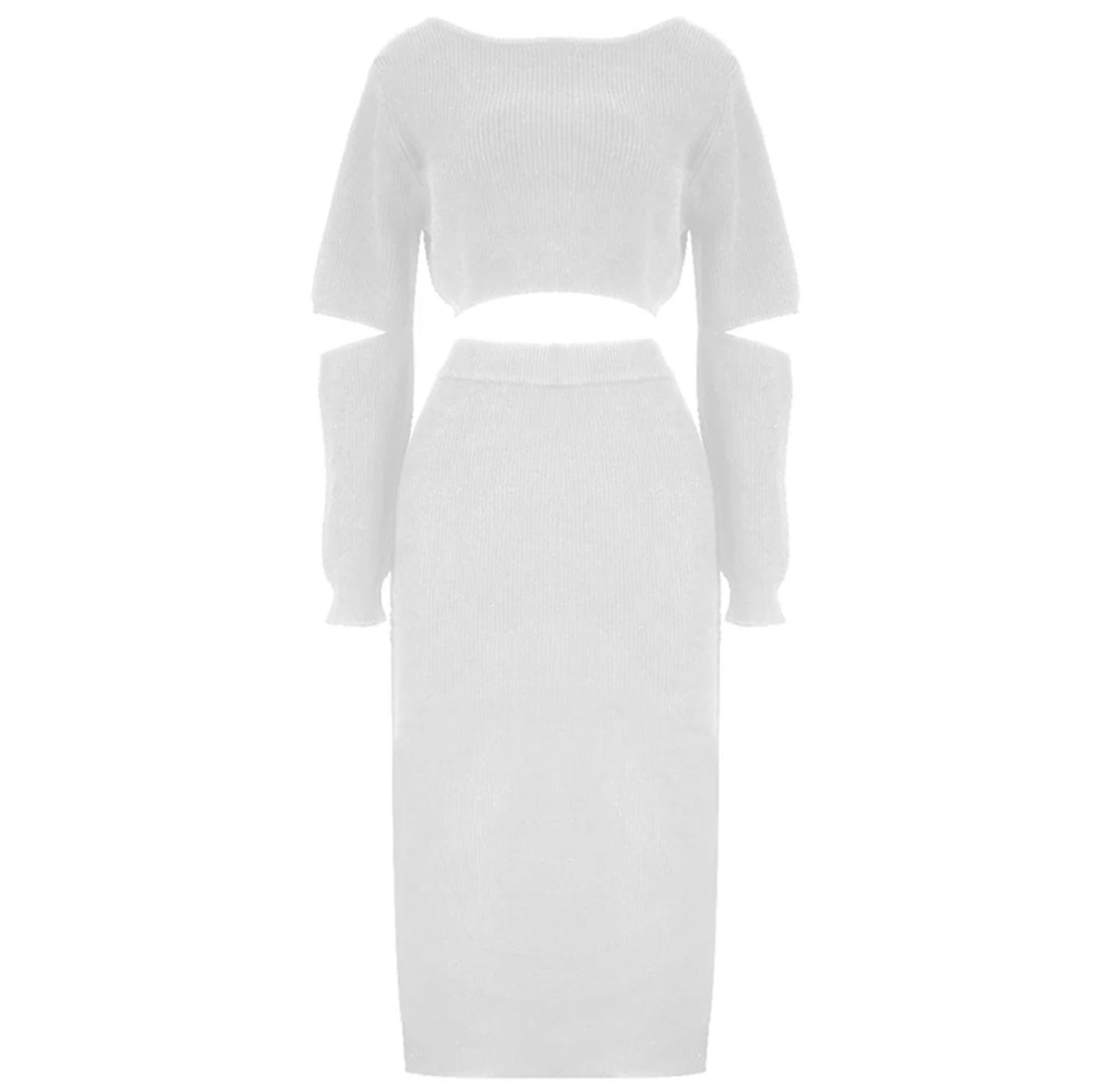 Cutout White Anna Knitwear Top & Skirt Sets