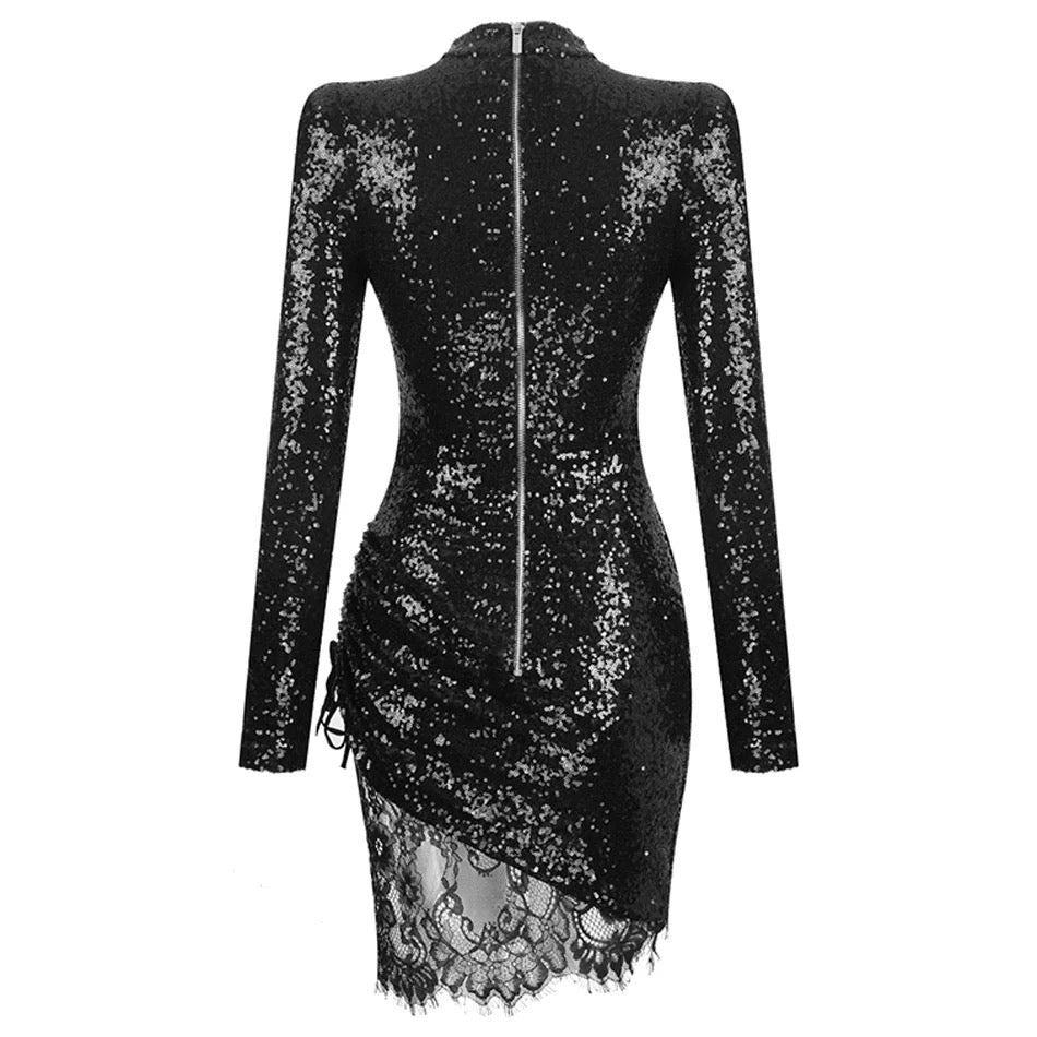 Christina Turtleneck Black Sequin Lace Dress