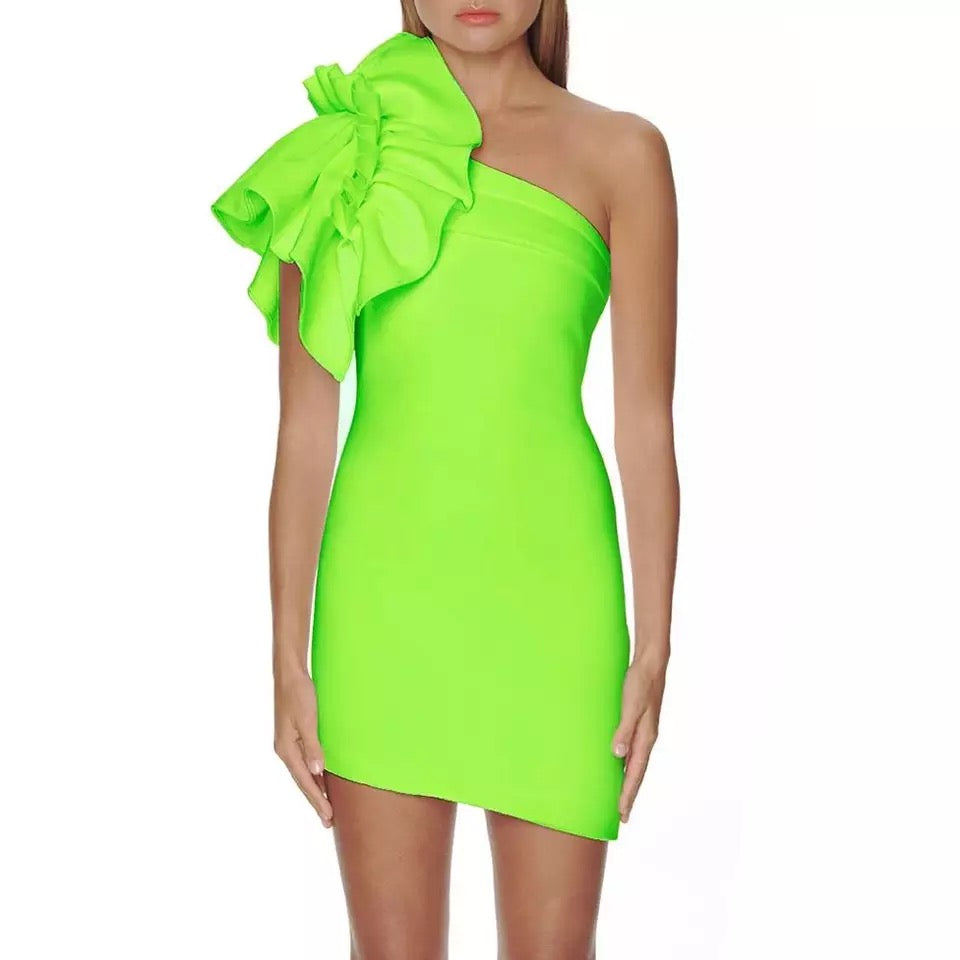 Ruffle One Shoulder Fluorescent Mini Dress