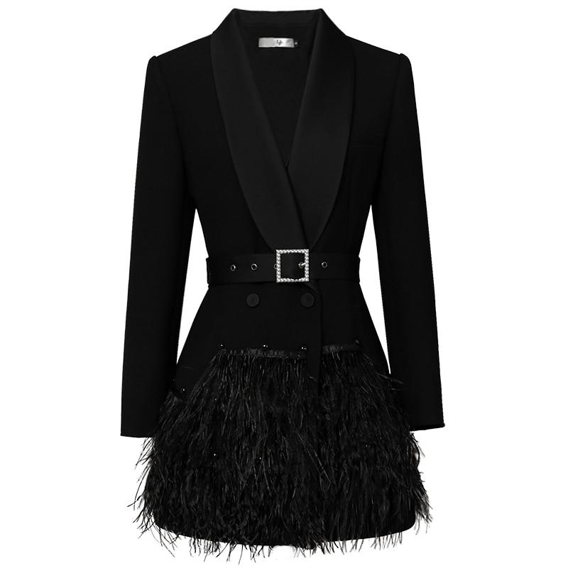 Shawl Collar Feather Blazer with Belt