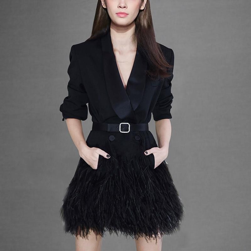 Shawl Collar Feather Blazer with Belt