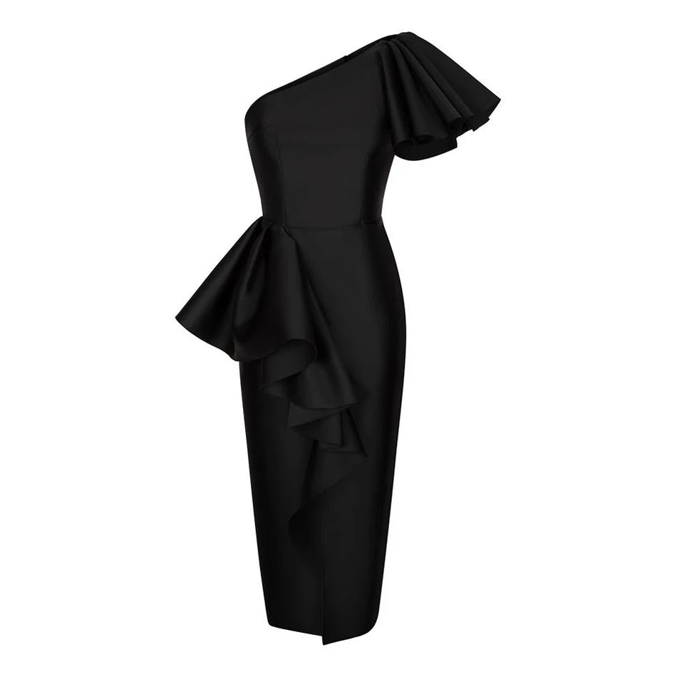 Black Christina Ruffle One Shoulder Dress