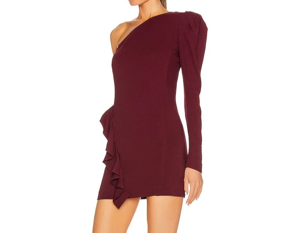 Burgundy One Shoulder Mini Dress