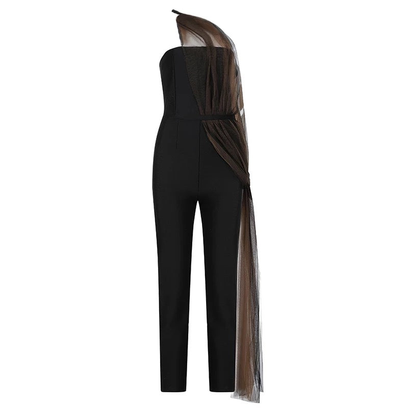 Black Strapless Mesh Drape Jumpsuit