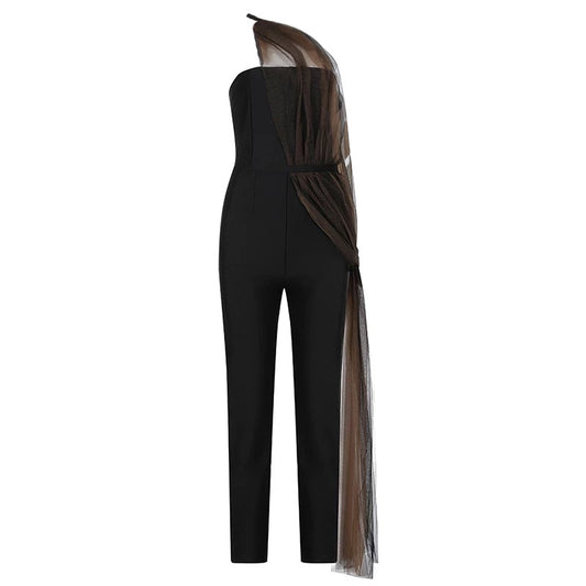 Black Strapless Mesh Drape Jumpsuit