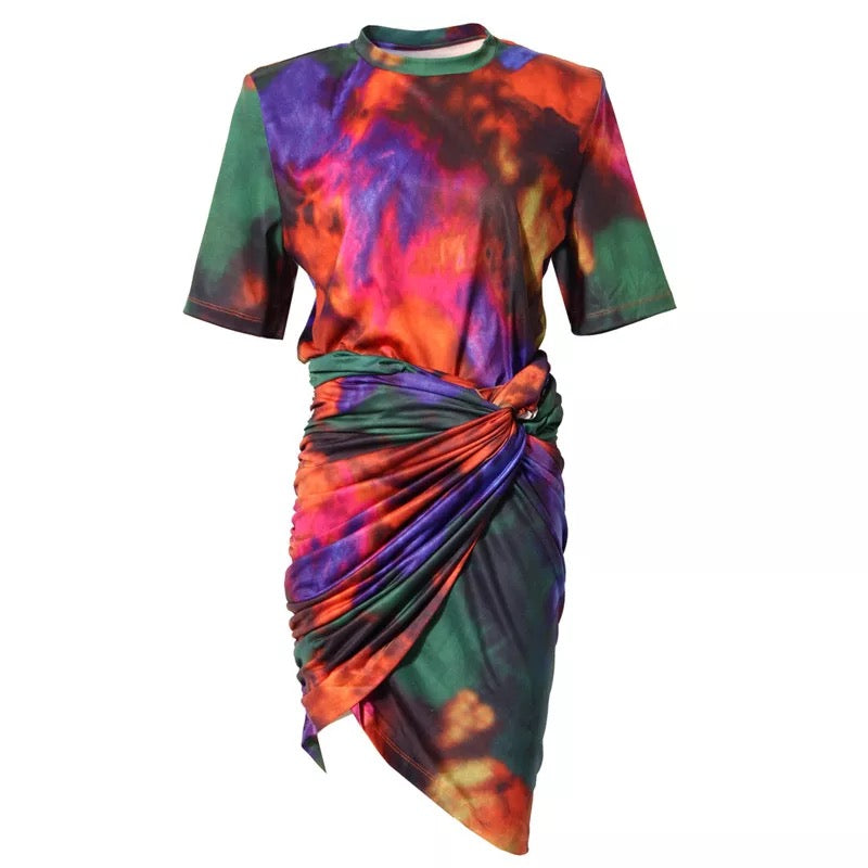 Colorful Dye Top And Drape Skirt Sets