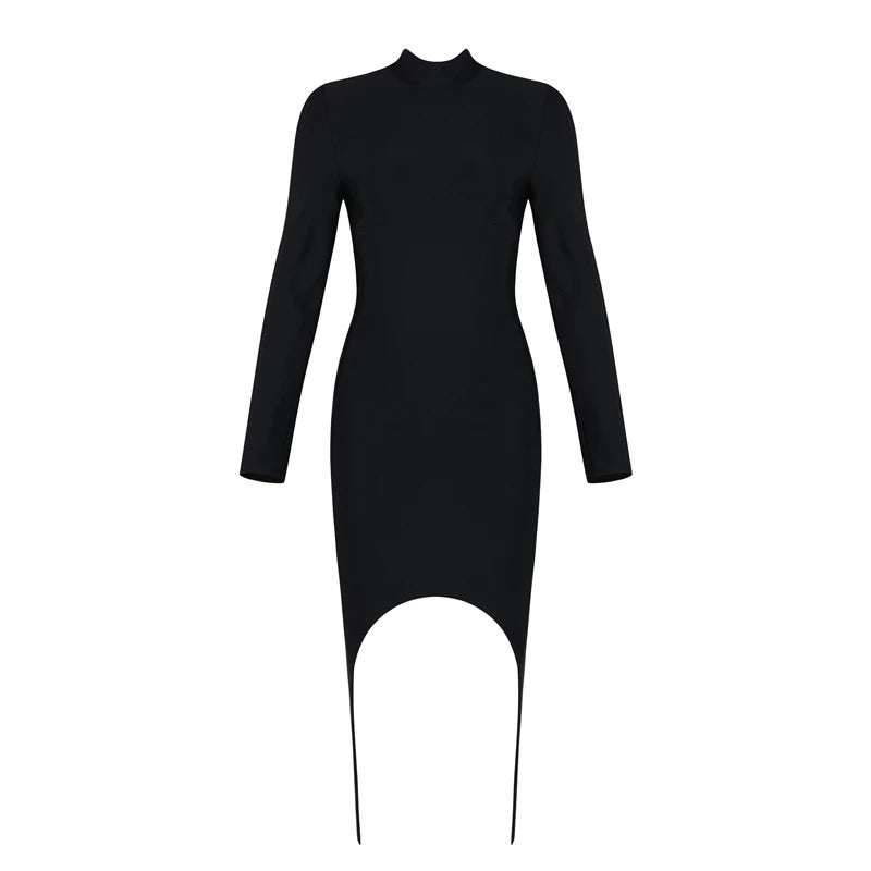 Black Turtleneck Side Drape Dress