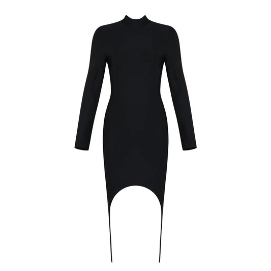 Black Turtleneck Side Drape Dress