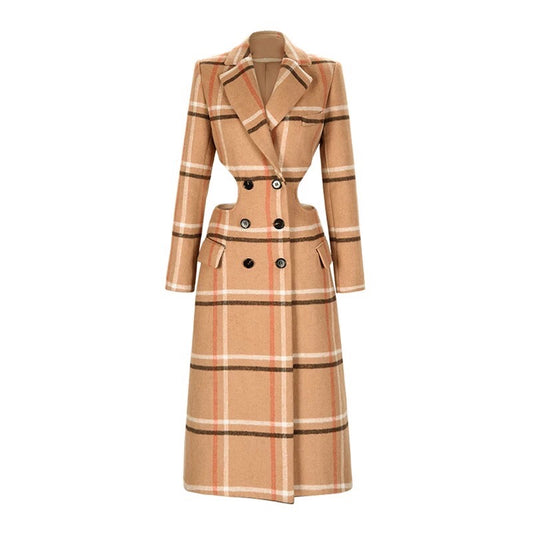 Marie Cutout Plaid Thick Woolen Coat