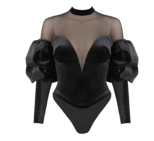 Black Velour Statement Mesh Bodysuit