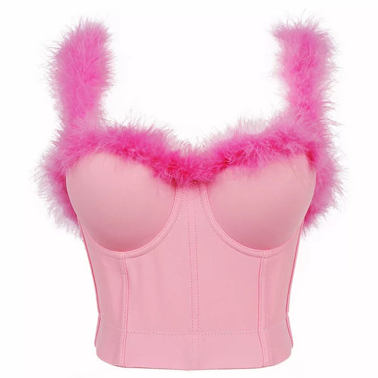 Feathered Corset Bustier Pink Crop Top