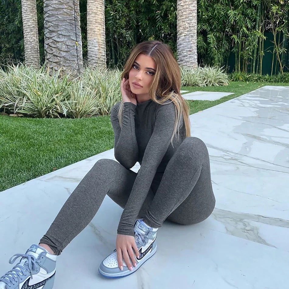 Kylie Jenner: Grey Bodysuit and Leggings