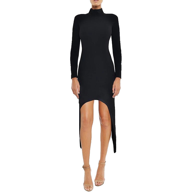 Black Turtleneck Side Drape Dress