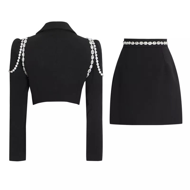 Crystal Black Crop Blazer & Mini Skirt