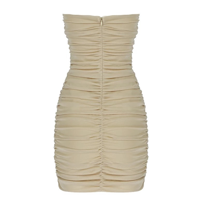 Mesh Cutout Beige Ruched Mini Dress