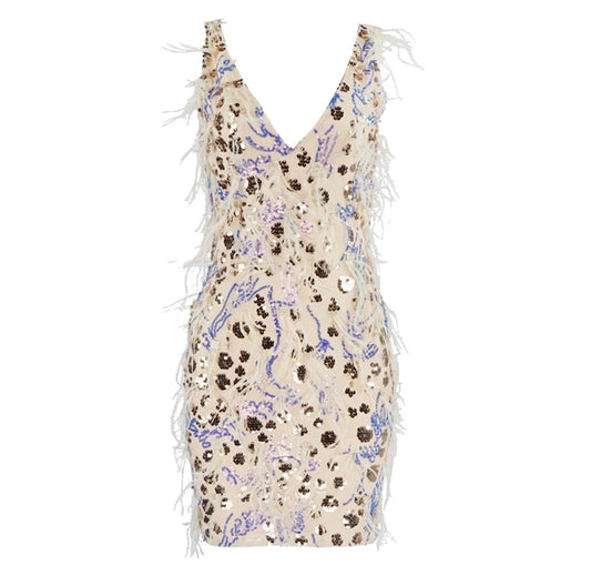 Beige Feathered Sequined Mini Dress