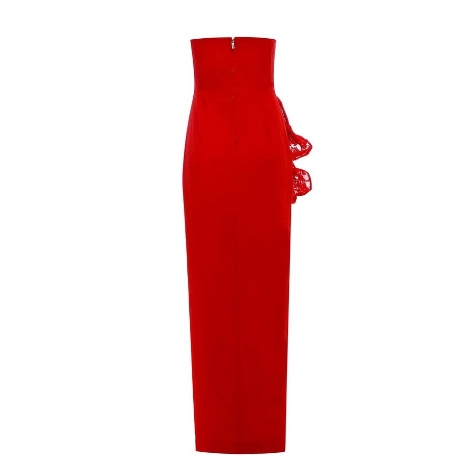 Red Strapless Split Ruffle Dress