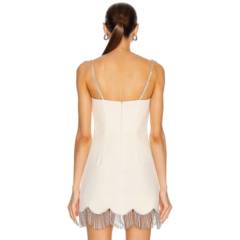 Crystal Tassel White Strap Mini Dress