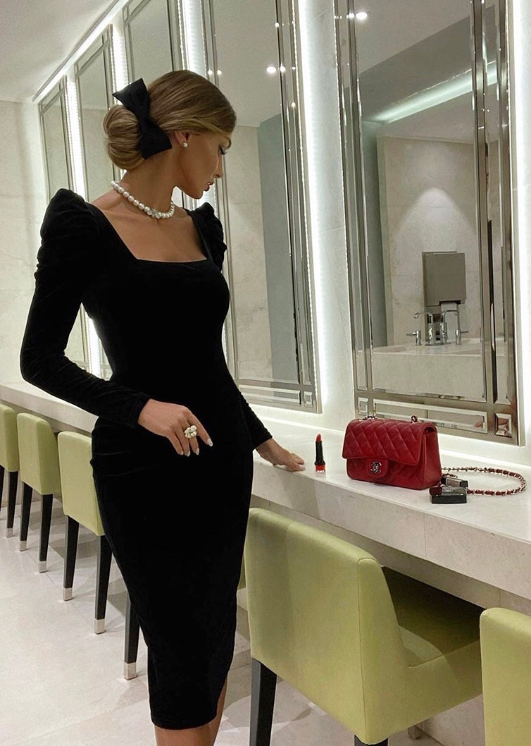 Black Velvet Puff Sleeves Dress