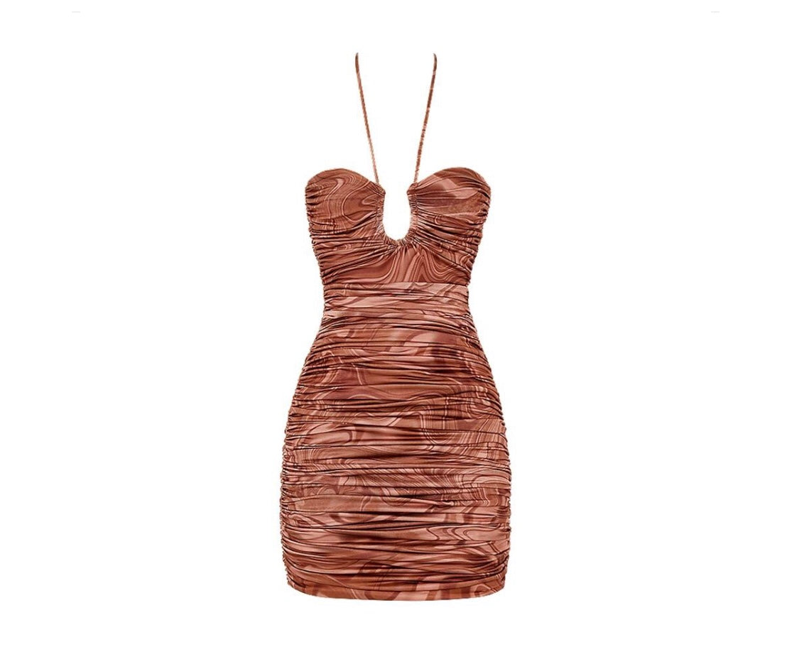 Swirl Brown Strapless Mini Dress