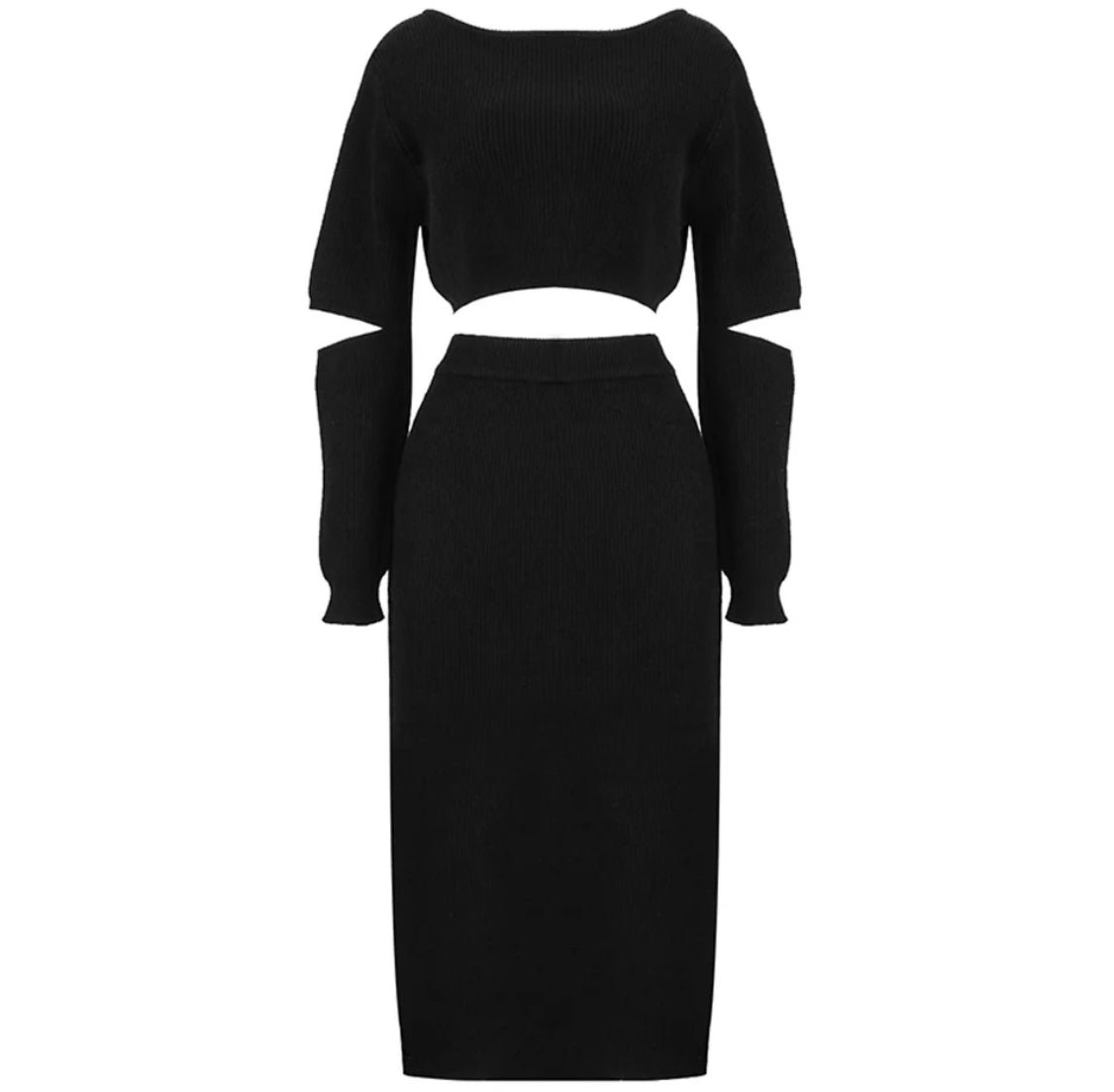 Cutout Black Anna Knitwear Top & Skirt Sets