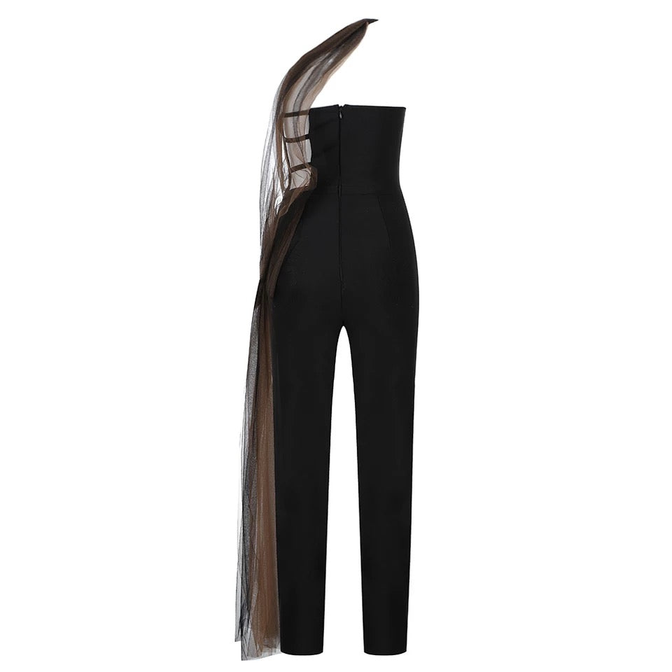 Black Strapless Mesh Drape Jumpsuit