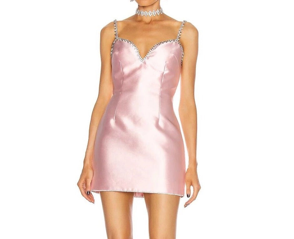 Crystal Satin Strap Pink Mini Dress