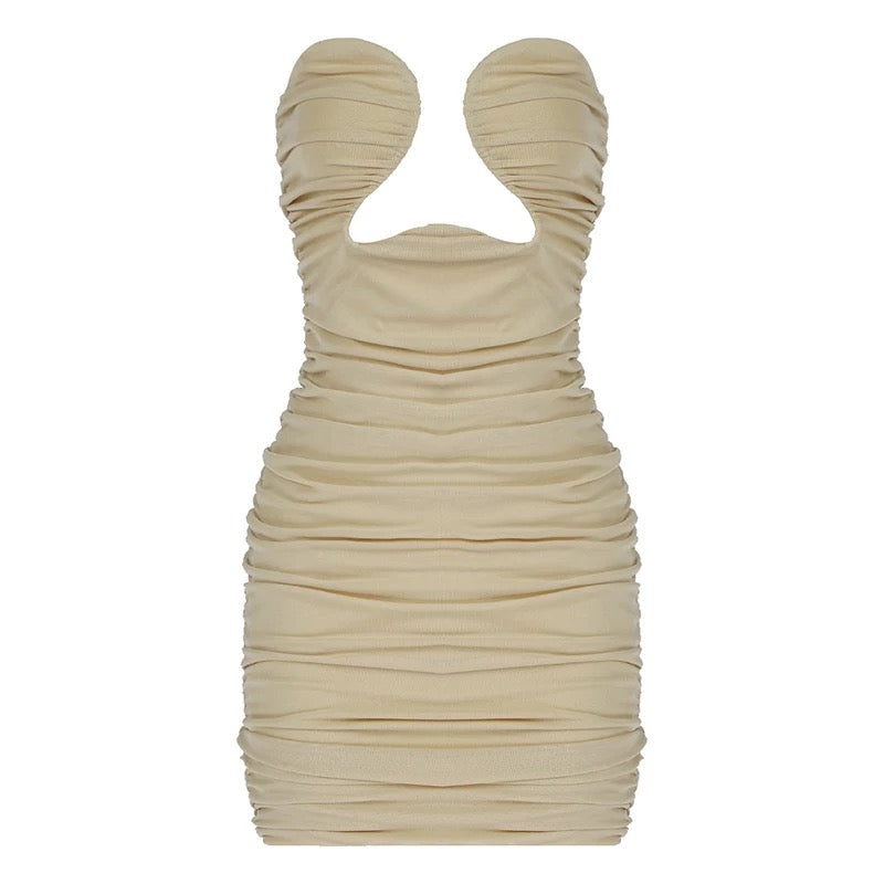 Mesh Cutout Beige Ruched Mini Dress