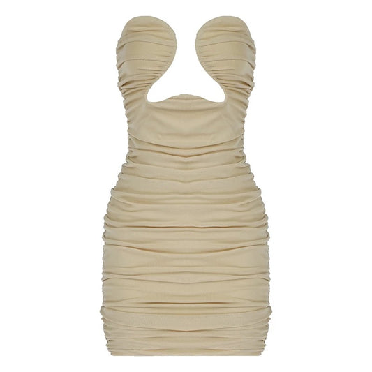 Mesh Cutout Beige Ruched Mini Dress