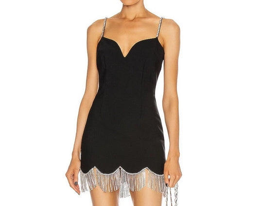 Crystal Tassel Black Strap Mini Dress