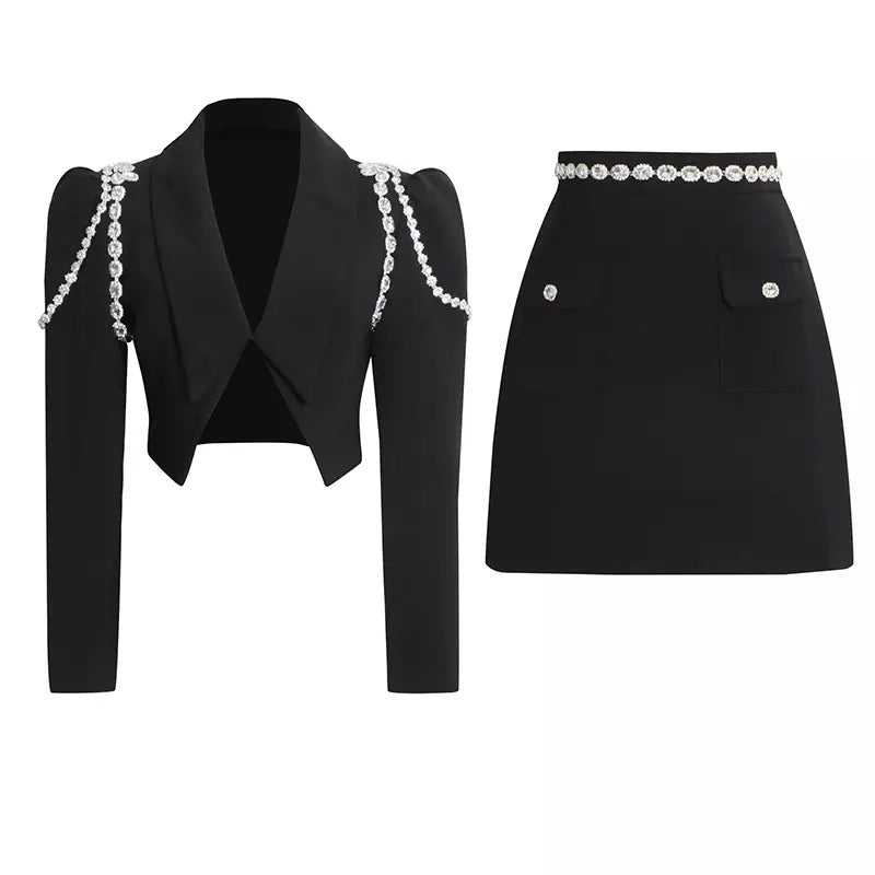 Crystal Black Crop Blazer & Mini Skirt