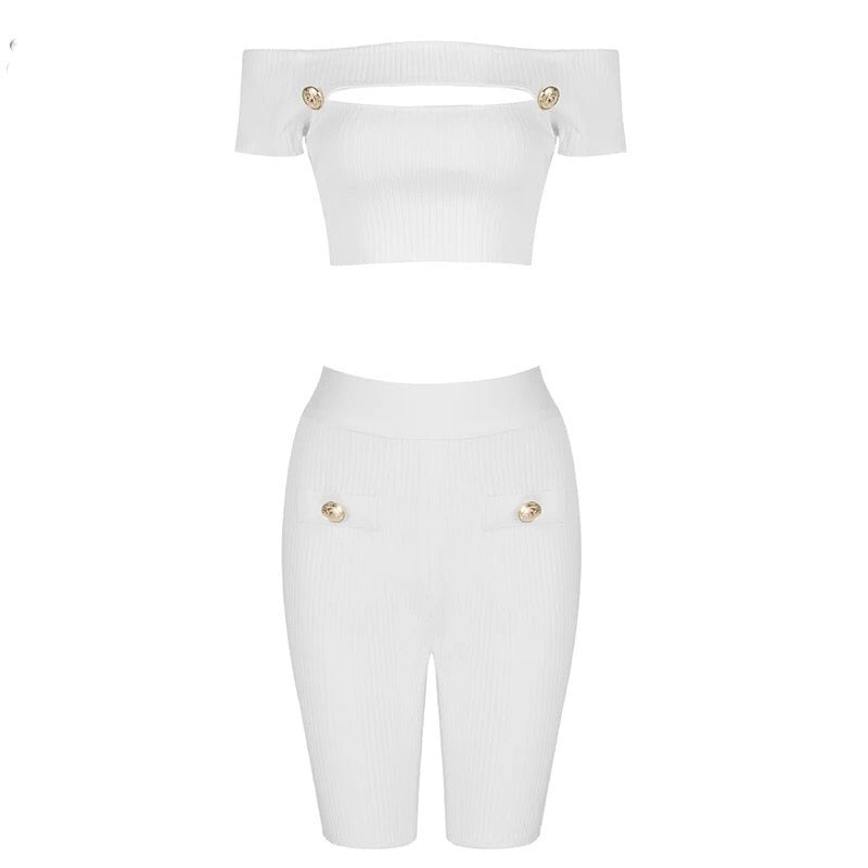 Hollow Out White Crop Top + Shorts Sets