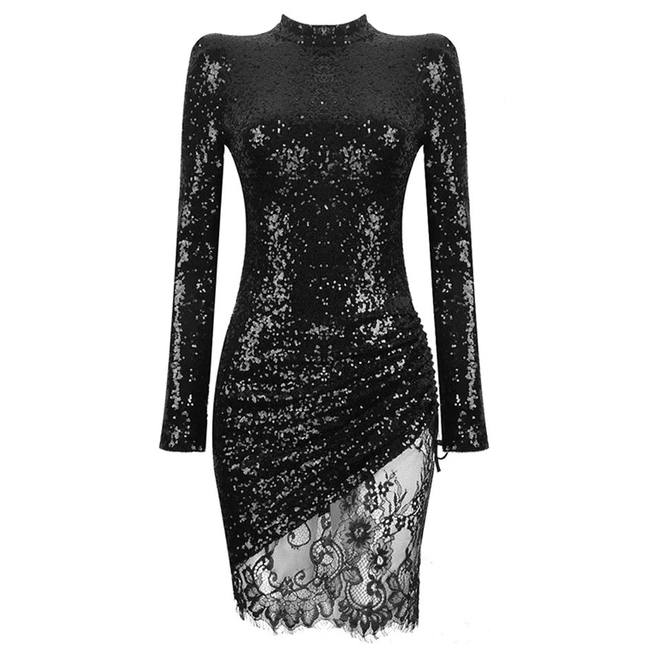 Christina Turtleneck Black Sequin Lace Dress