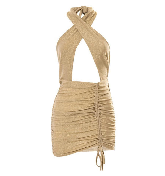 Drawstring Halter Mini Dress