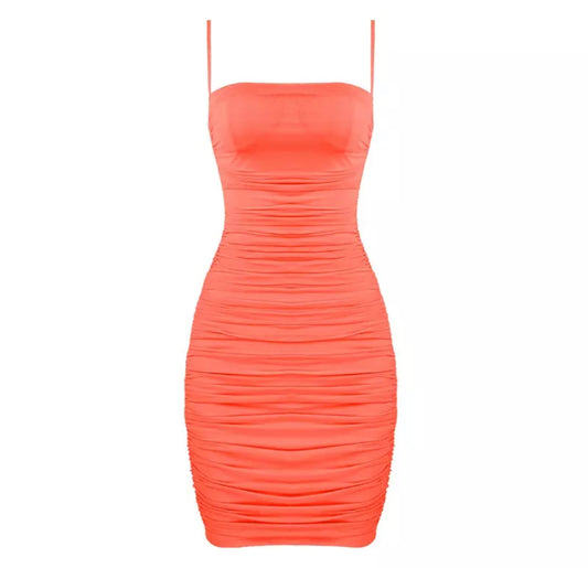 Mesh Strap Neon Orange Mini Dress