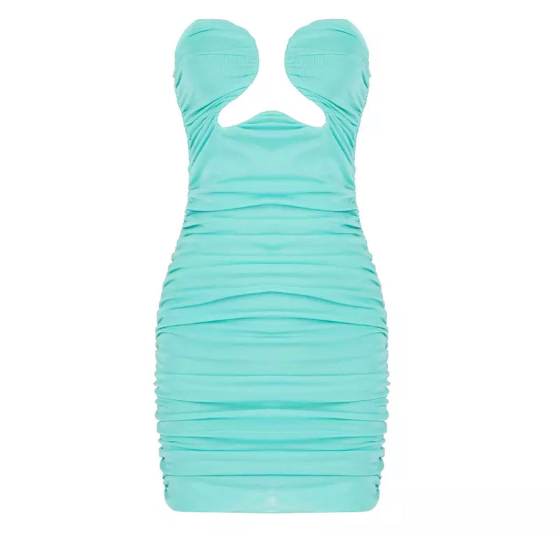 Mesh Mints Cutout Teal Ruched Mini Dress