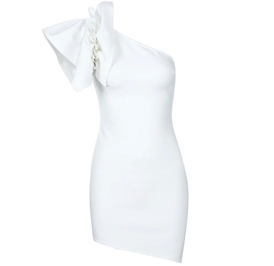 Ruffle One Shoulder White Mini Dress