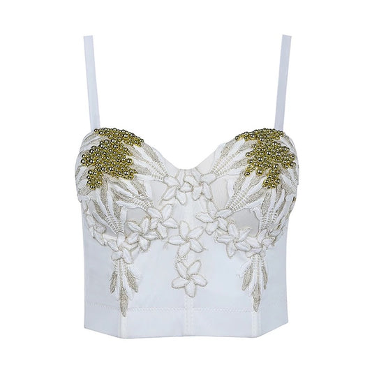 Embroidered Rhinestone White Bustier Crop Top