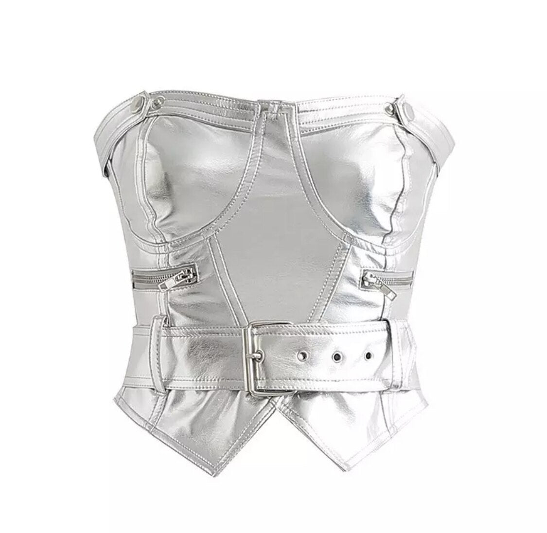 Silver Leather Bustier Crop Top