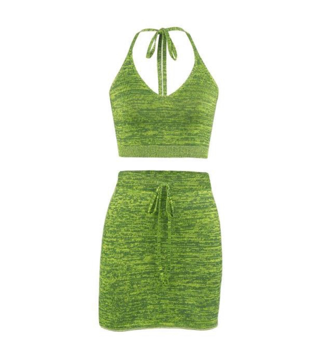 Green Knit Halter Crop Top And Skirt Sets