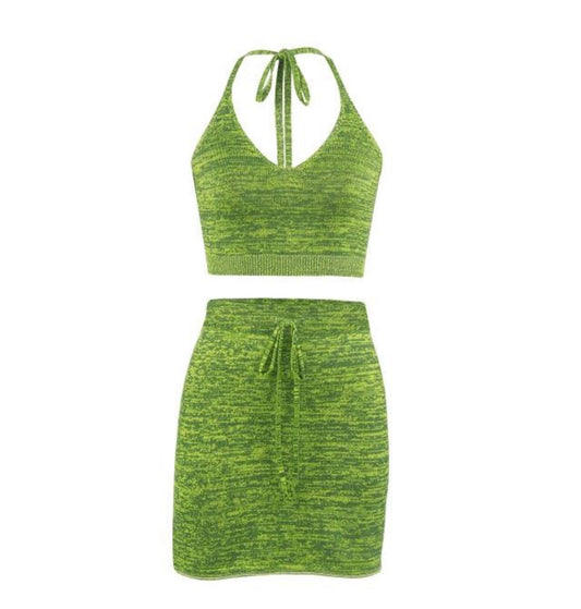 Green Knit Halter Crop Top And Skirt Sets