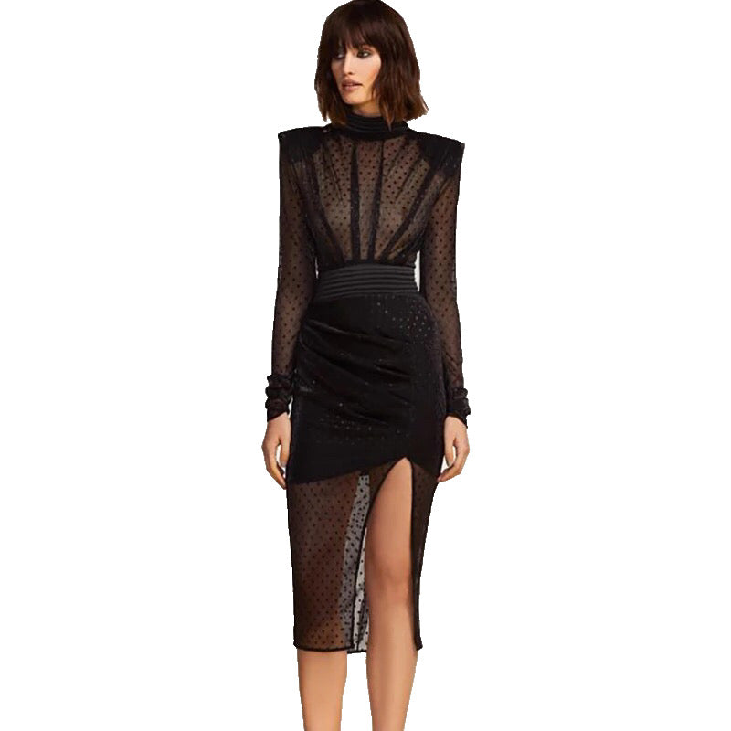 Mesh Turtleneck Black Split Dress