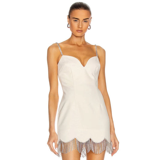 Crystal Tassel White Strap Mini Dress