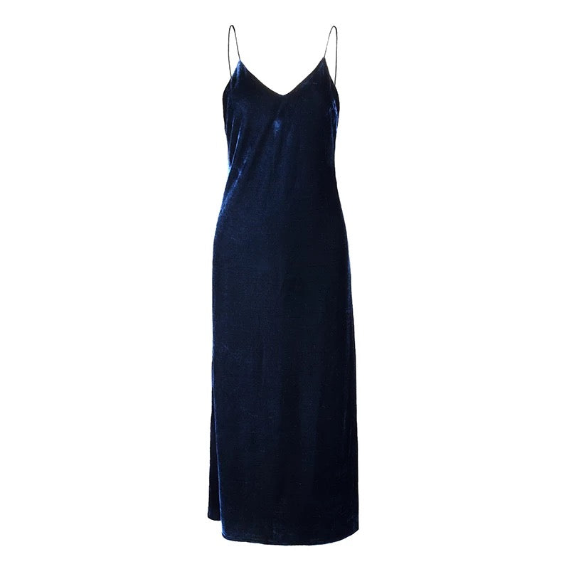 Navy Blue Velvet Strap Dress